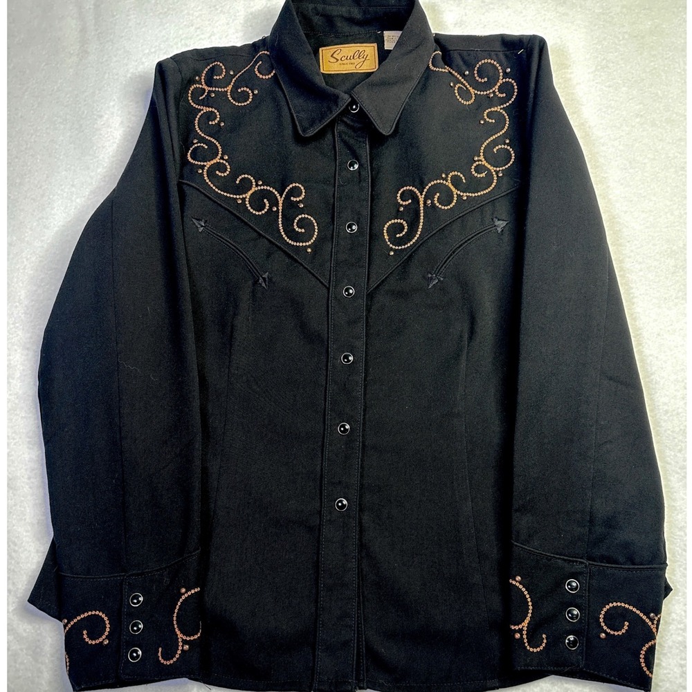 Scully Western Shirt Womens‎ Black Copper Embroidered Cross Studded Snap Cowgirl